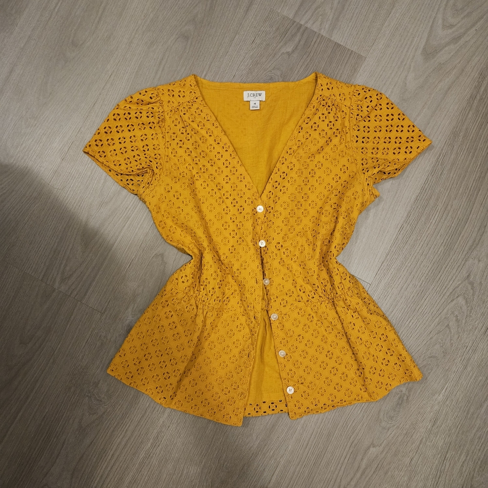 J. Crew Mustard Eyelet Button-Front Short Sleeve Blouse